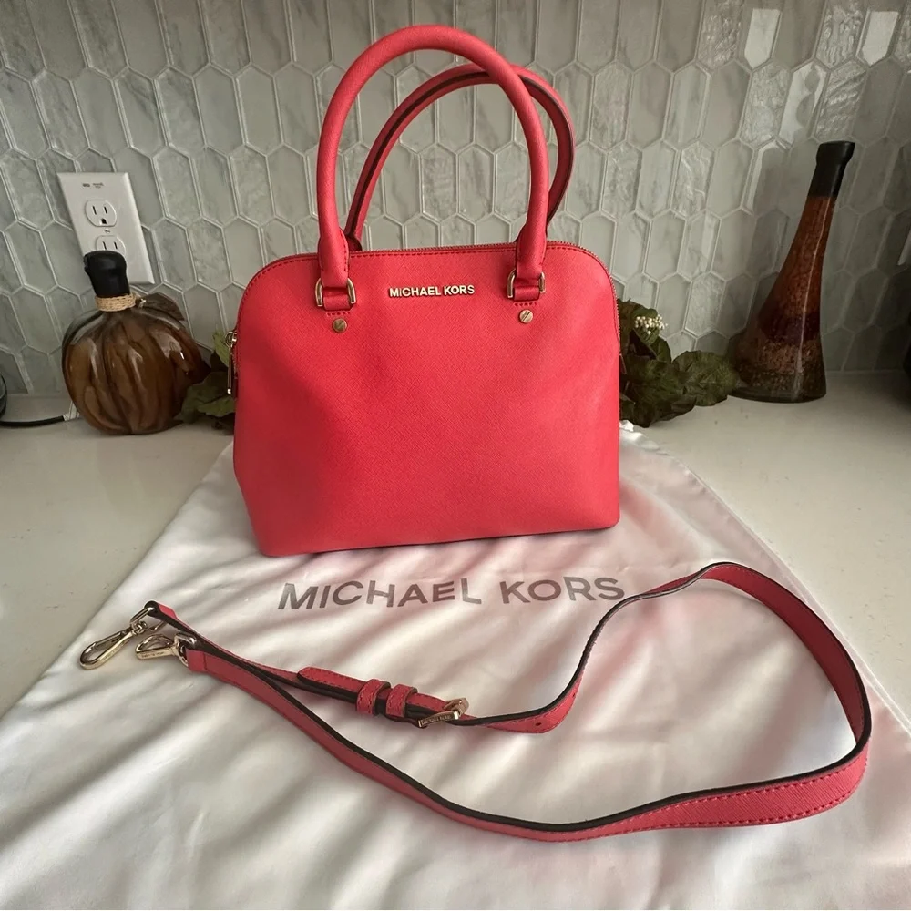 Michael Kors Red Saffiano Leather Satchel Gold-Tone Hardware & Detachable Strap - Picture 2 of 12